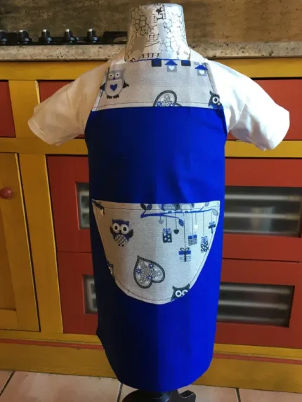 Tablier 4 ans CHOUETTES bleu roi 1 atelier-béarnais