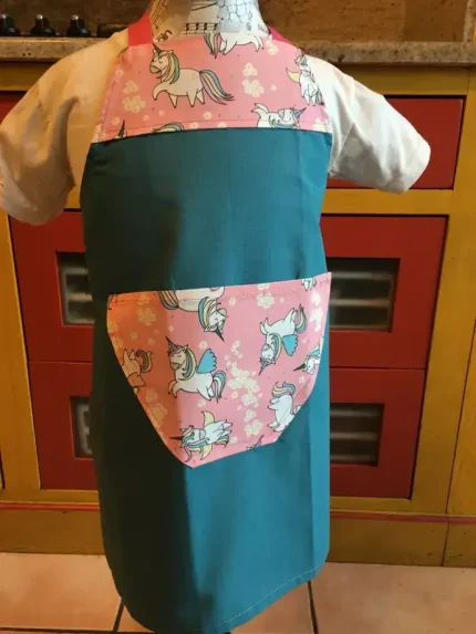 Tablier 4 ans LICORNE bleu canard 1 atelier-béarnais