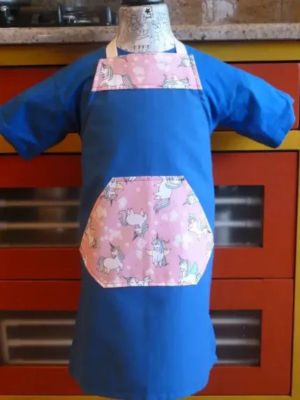 Tablier 6 ans LICORNE bleu canard 1 atelier-béarnais